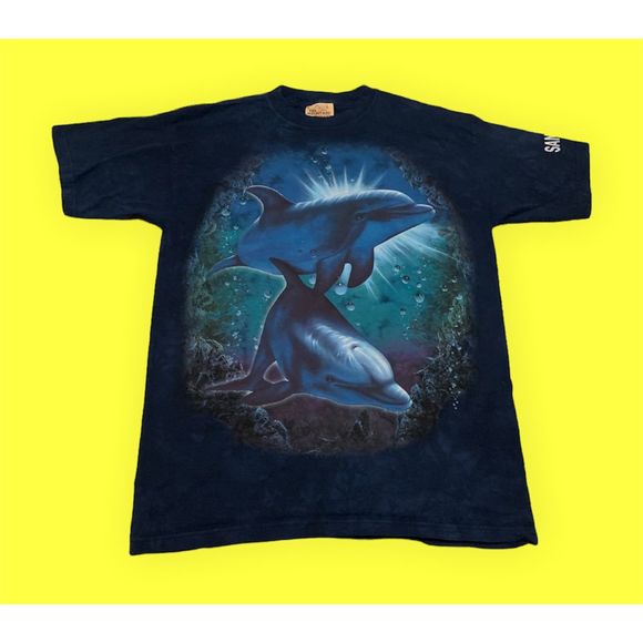 Vintage USA The Mountain Dolphins Navy Blue Tye Dye T Shirt - Picture 1 of 4